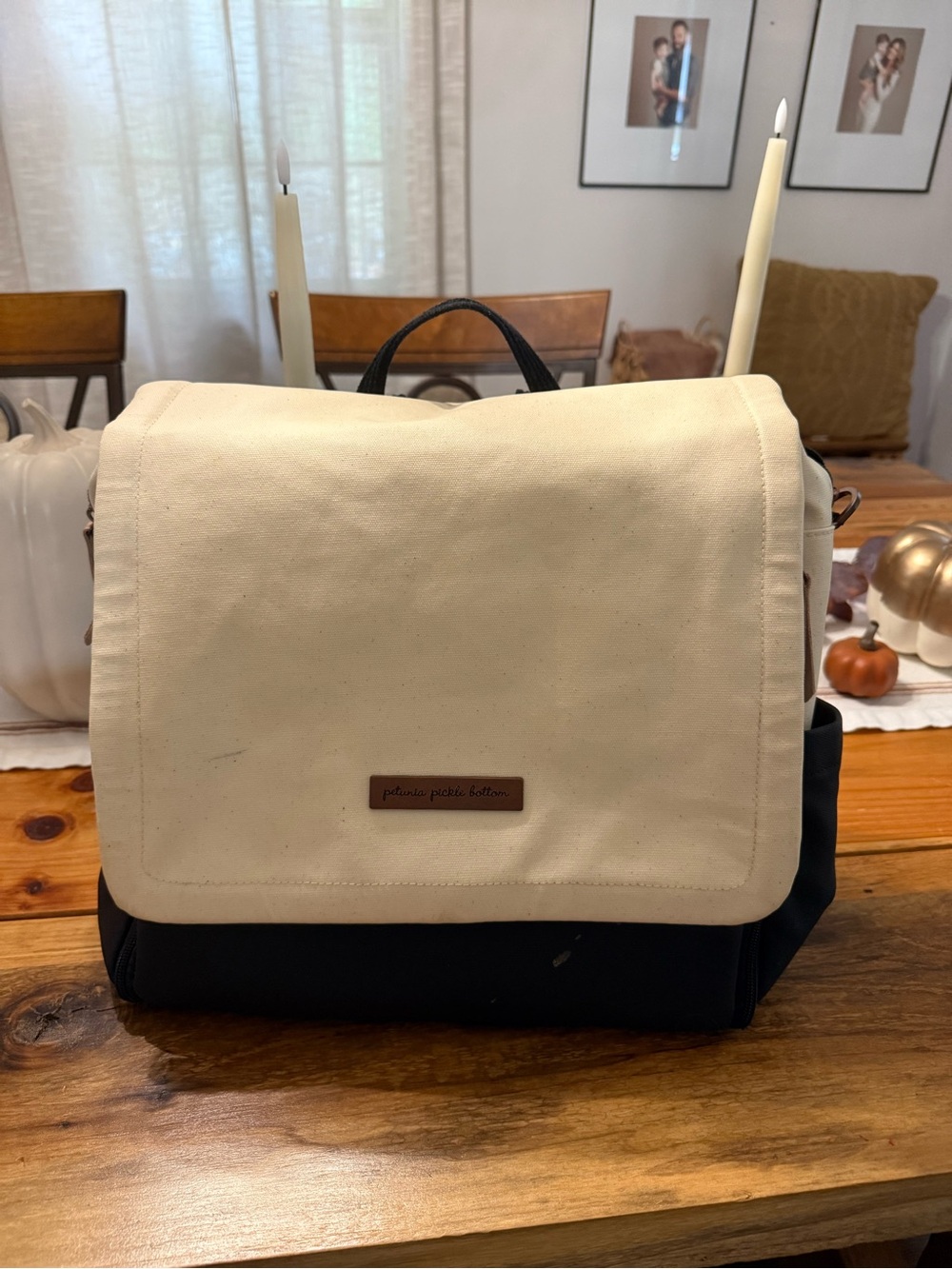 Petunia Pickle Bottom Two-Tone Canvas Backpack in Cream and Black